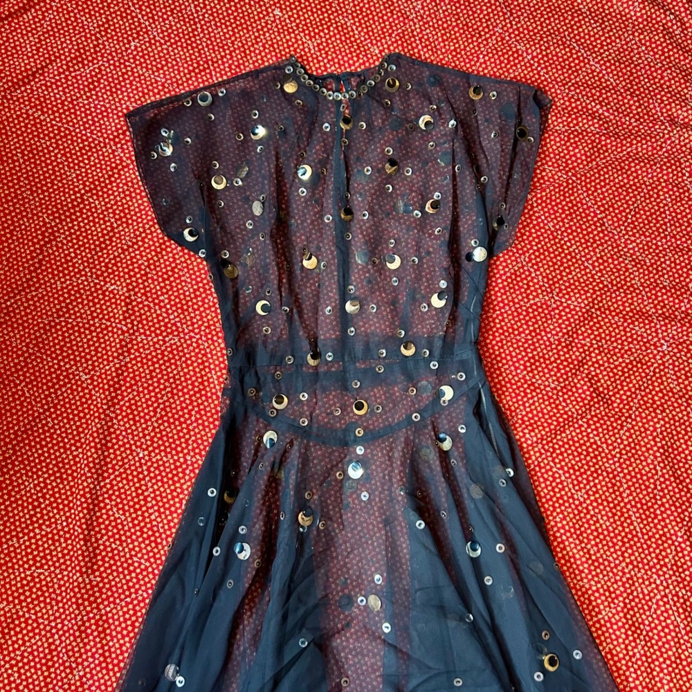 Antique 1940s Dacron art deco sequin sheer black maxi length dress
